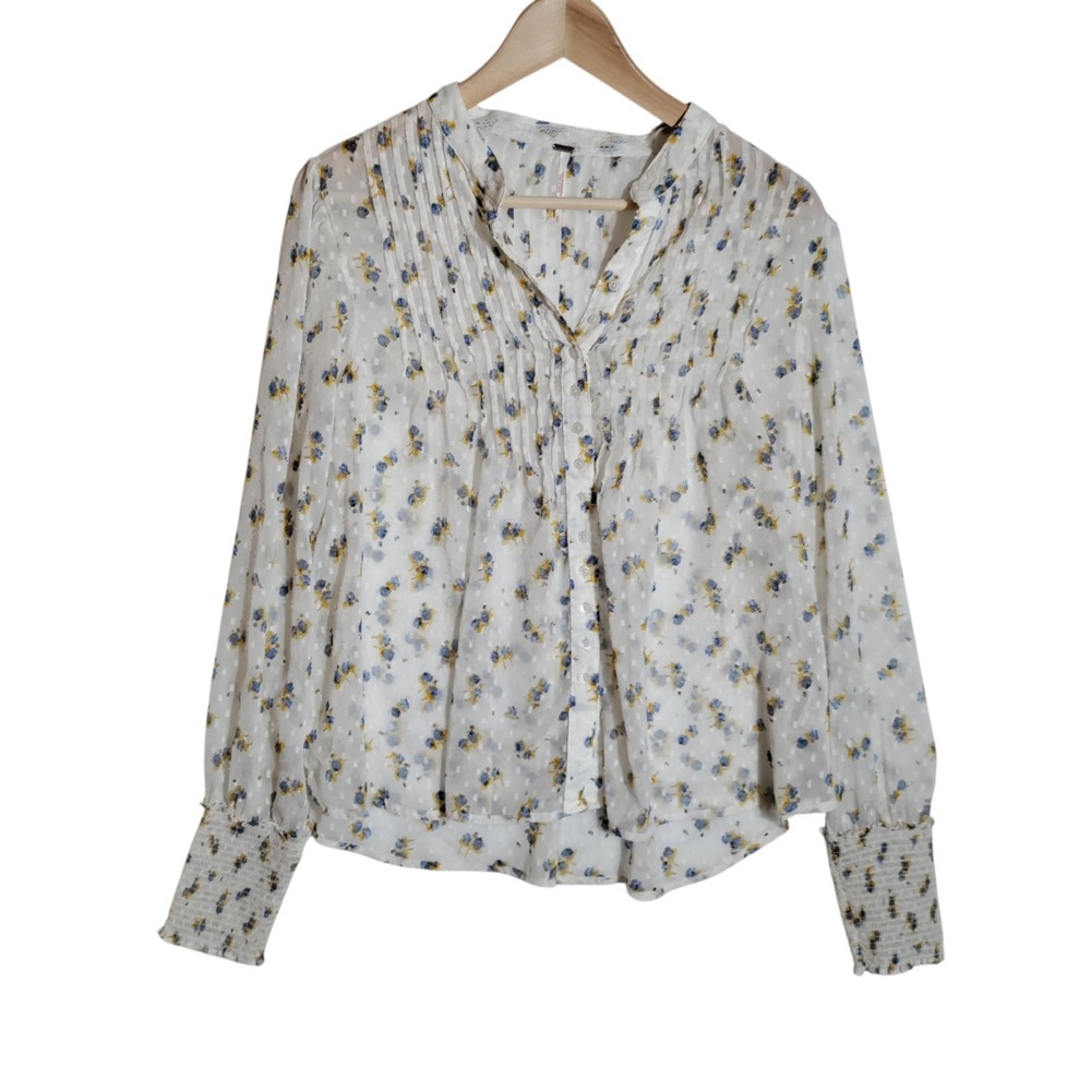 Free People Womens Flowers in December Blouse Small Ivory Sheer Pleated